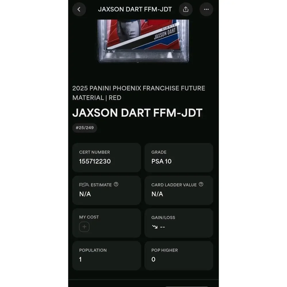 2025 Phoenix Jaxson Dart Franchise Futures Materials FFM-JDT patch /249 PSA 10